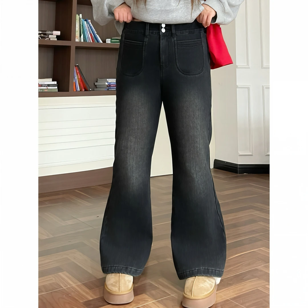 花契“都柏林樱”大码女装冬季简约200斤胖mm做旧加绒牛仔裤4375-C