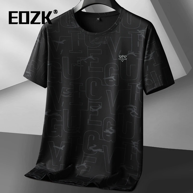 Eozk加大圆领短袖T恤男款冰丝休闲速干半袖肥佬夏季印花薄款上衣
