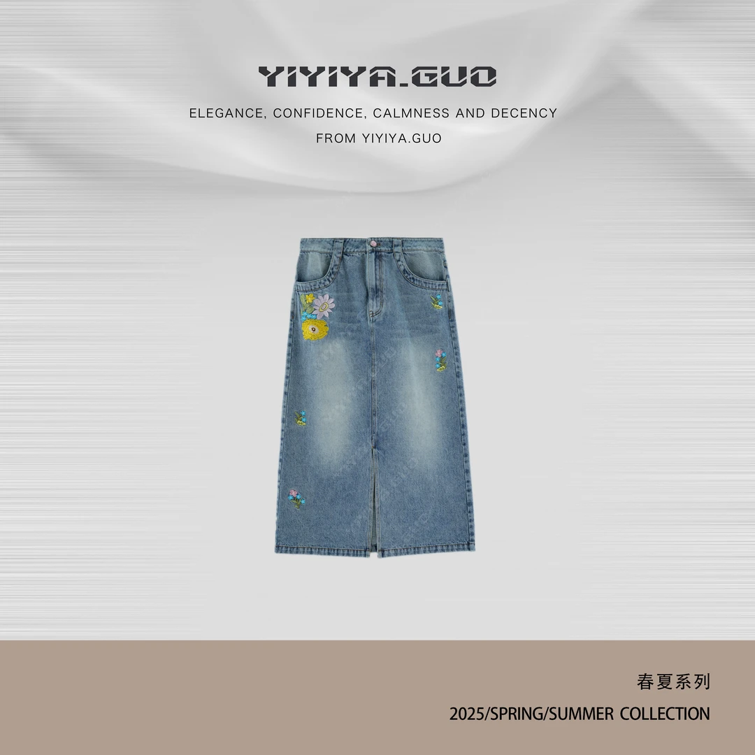 yiyiya.Guo艺艺吖【萱草花】休闲百搭刺绣小花牛仔半身裙1729SS52