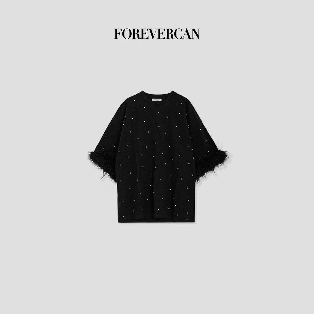 FOREVERCAN“夜漫巴黎”客订施华洛烫钻鸵鸟毛拼接短袖上衣 SD21642