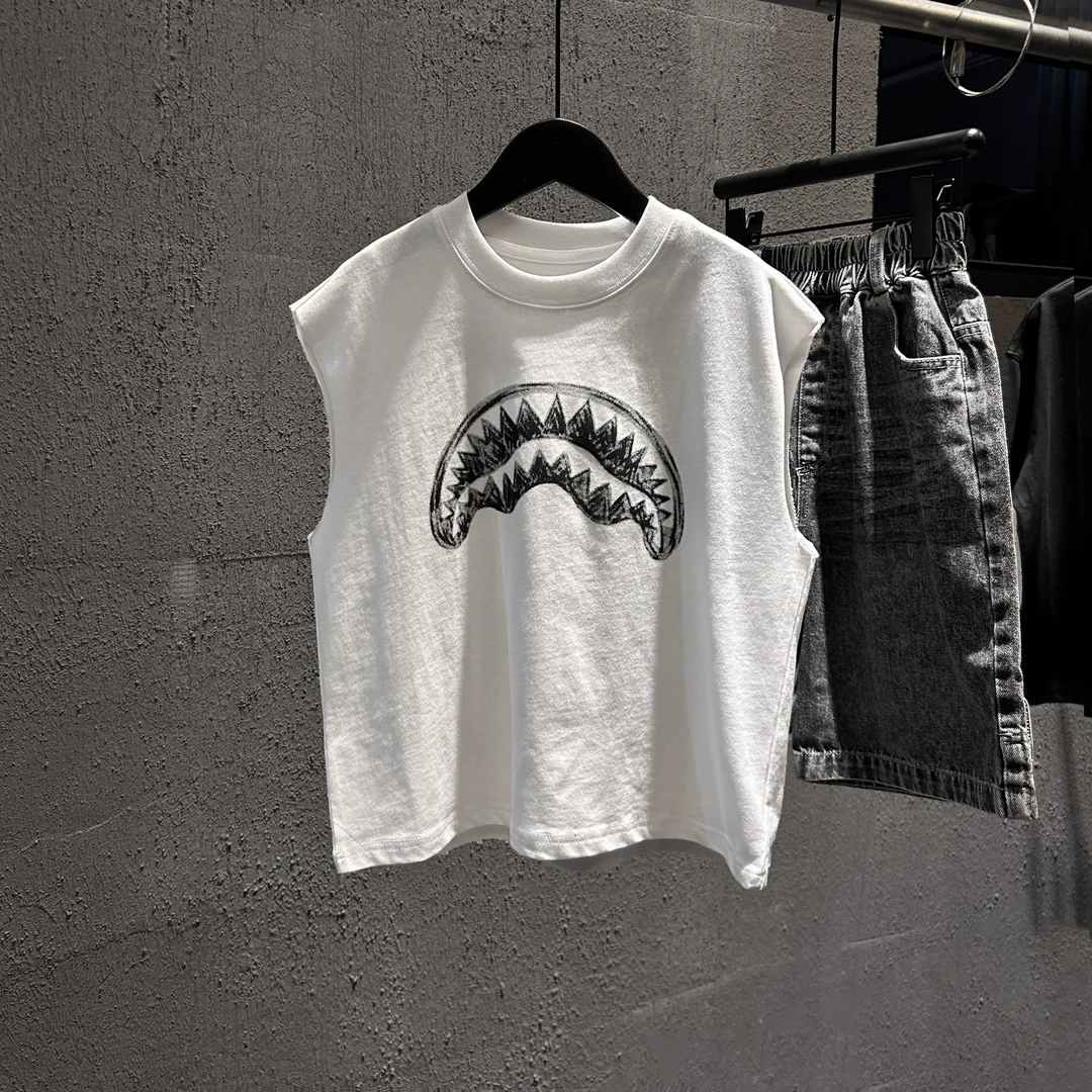 promising韩国儿童潮牌鲨鱼嘴无袖衫百搭男女童纯棉宽松圆领上衣