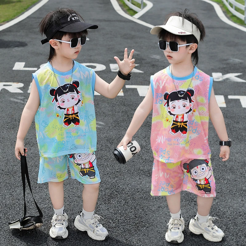 男童夏季哪吒背心套装2025洋气薄款男孩中小童休闲运动无袖两件套