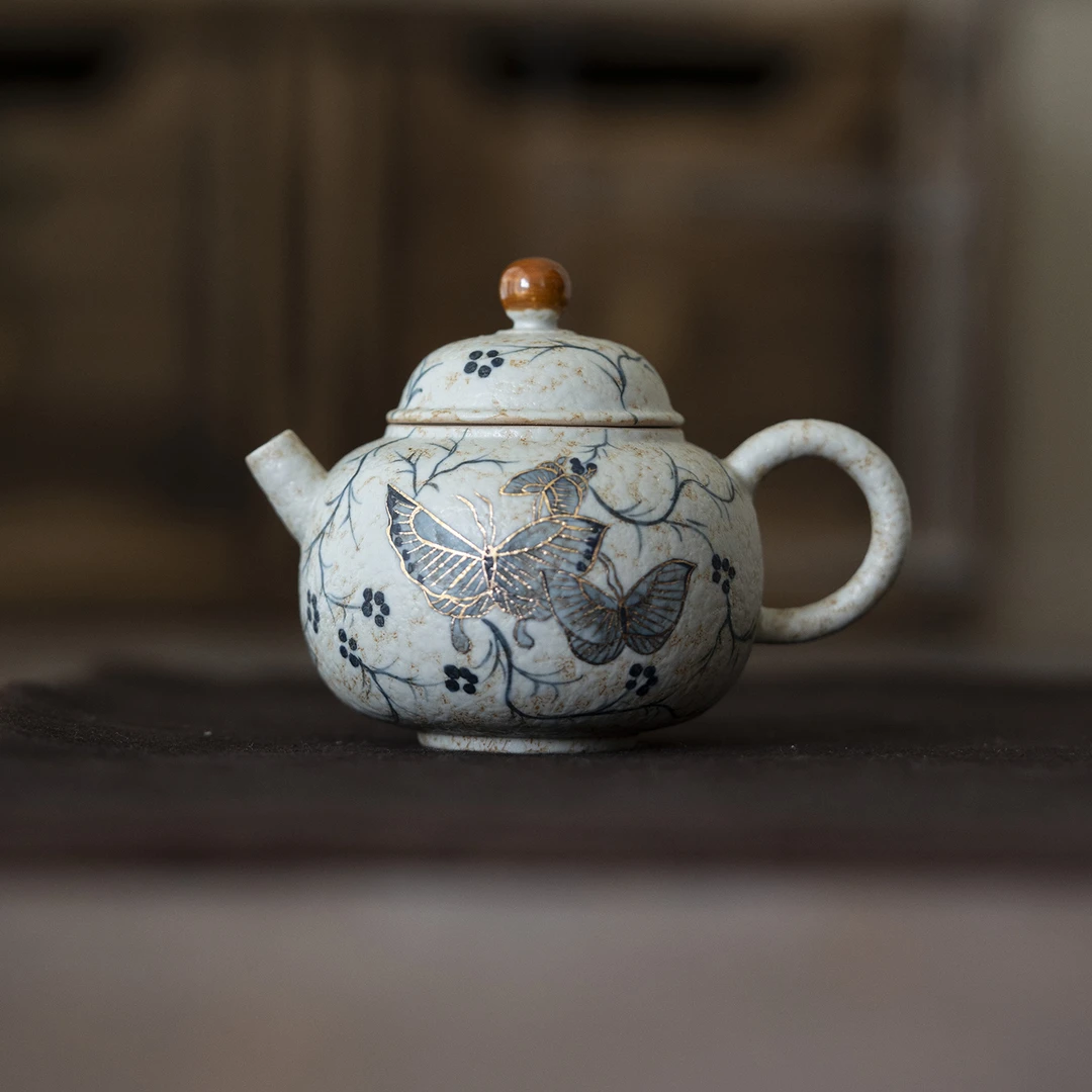 焦糖釉描金手绘缠枝蝴蝶茶壶家用陶瓷泡茶壶小茶壶品茗壶功夫茶具