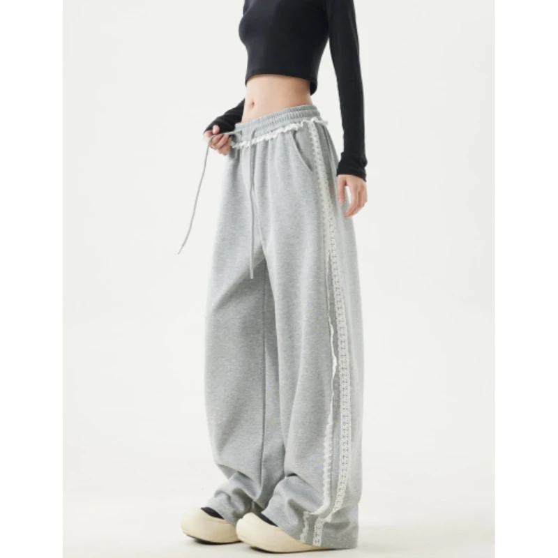 2025早春新款韩版洋气蕾丝拼接休闲卫裤女高街时尚显瘦百搭阔腿裤