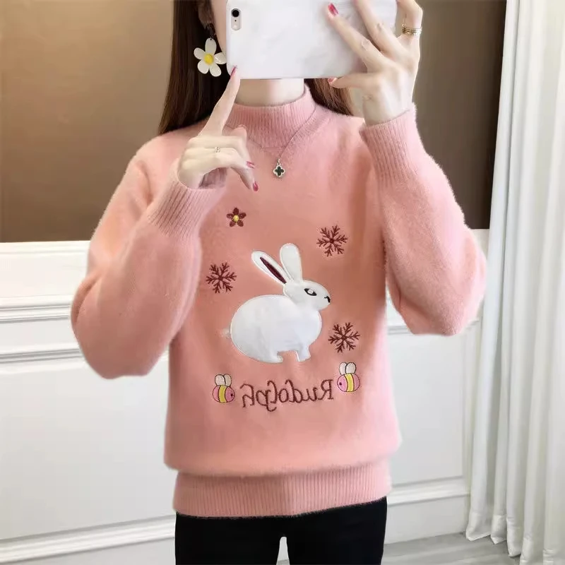 时尚半高领仿水貂绒学生毛衣打底衫女新款秋冬加密加厚针织衫上衣