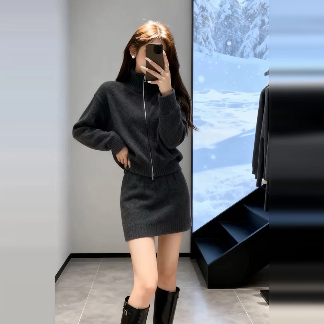 高级感立领针织开衫半身裙两件套女2026新款设计感秋冬一整套穿搭
