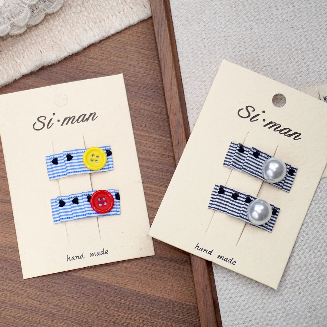 满9.9飞 新款韩版格纹纽扣珍珠儿童发夹一字夹侧边刘海夹布艺发卡