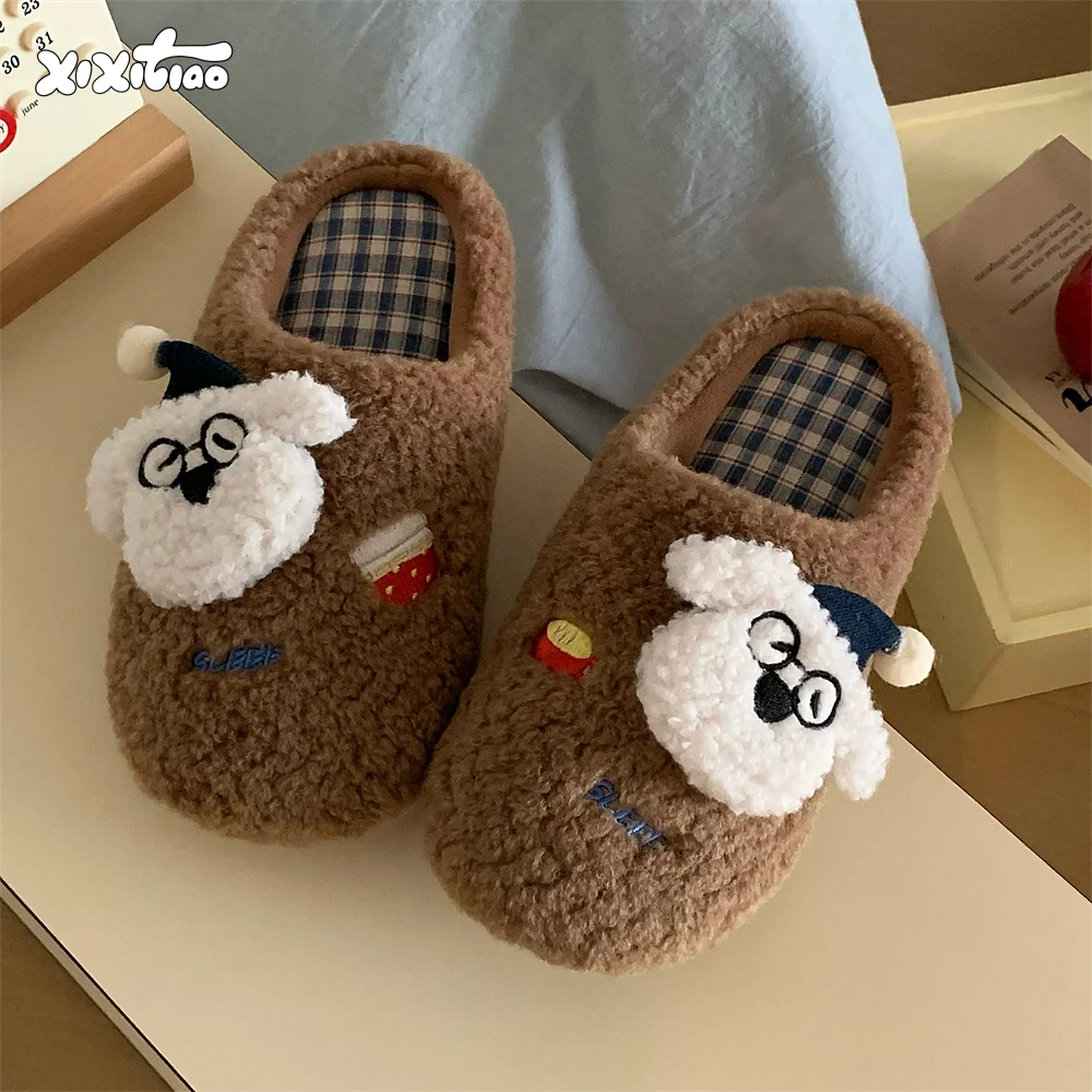 细细条 情侣卡通小狗冬季可爱棉拖鞋月子地板鞋男女包头毛毛拖鞋