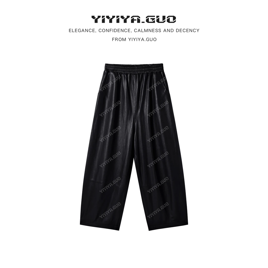 yiyiya.Guo艺艺吖秋冬新款时尚百搭松紧腰透气直通皮裤080050SS52