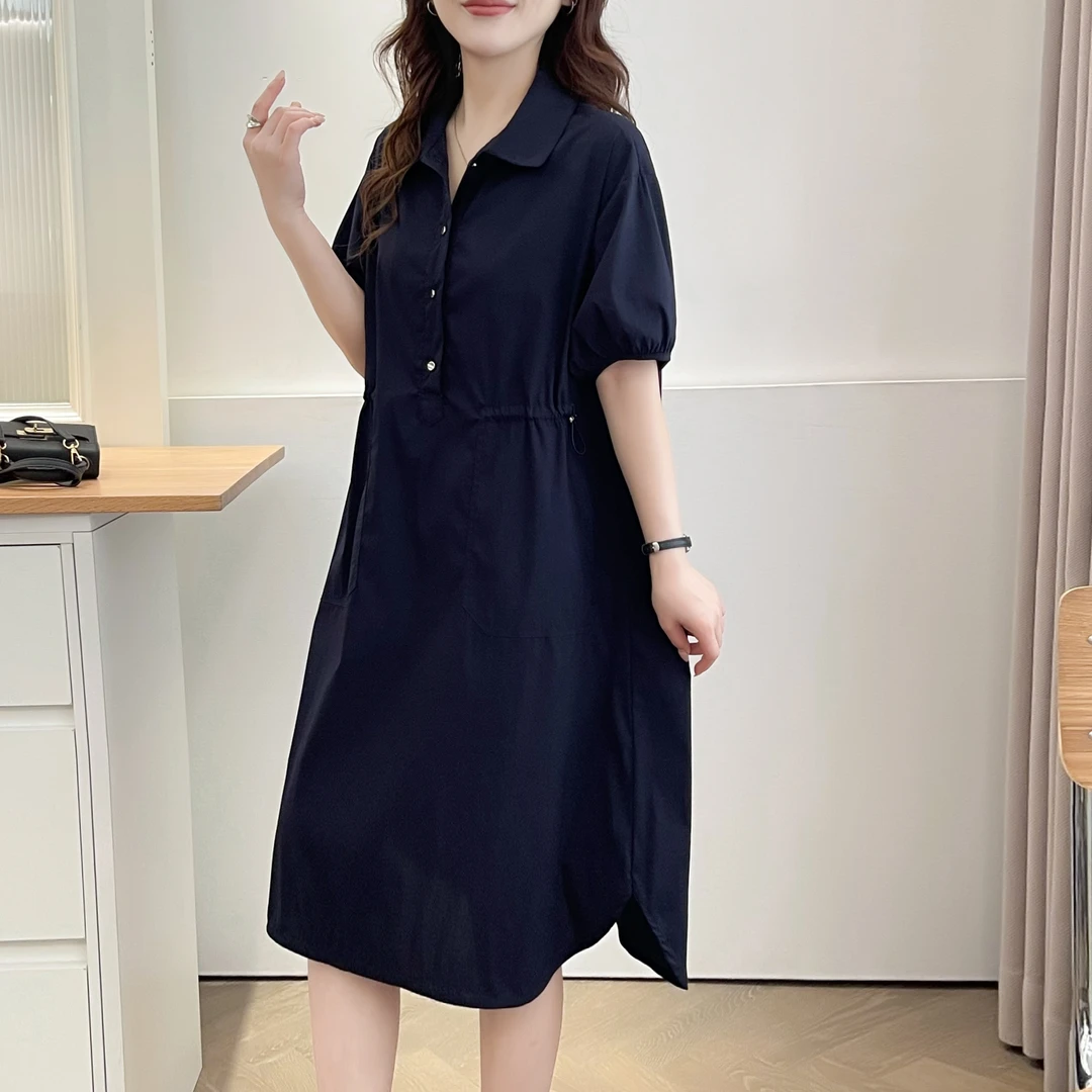 松紧腰夏季短袖通勤风大码连衣裙A字裙甜辣千金风微胖女孩显瘦薄T