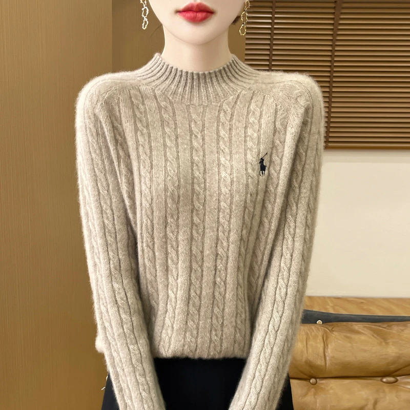 半高领小马刺绣绞花羊毛衫女秋冬新款半高领加厚针织打底衫毛衣