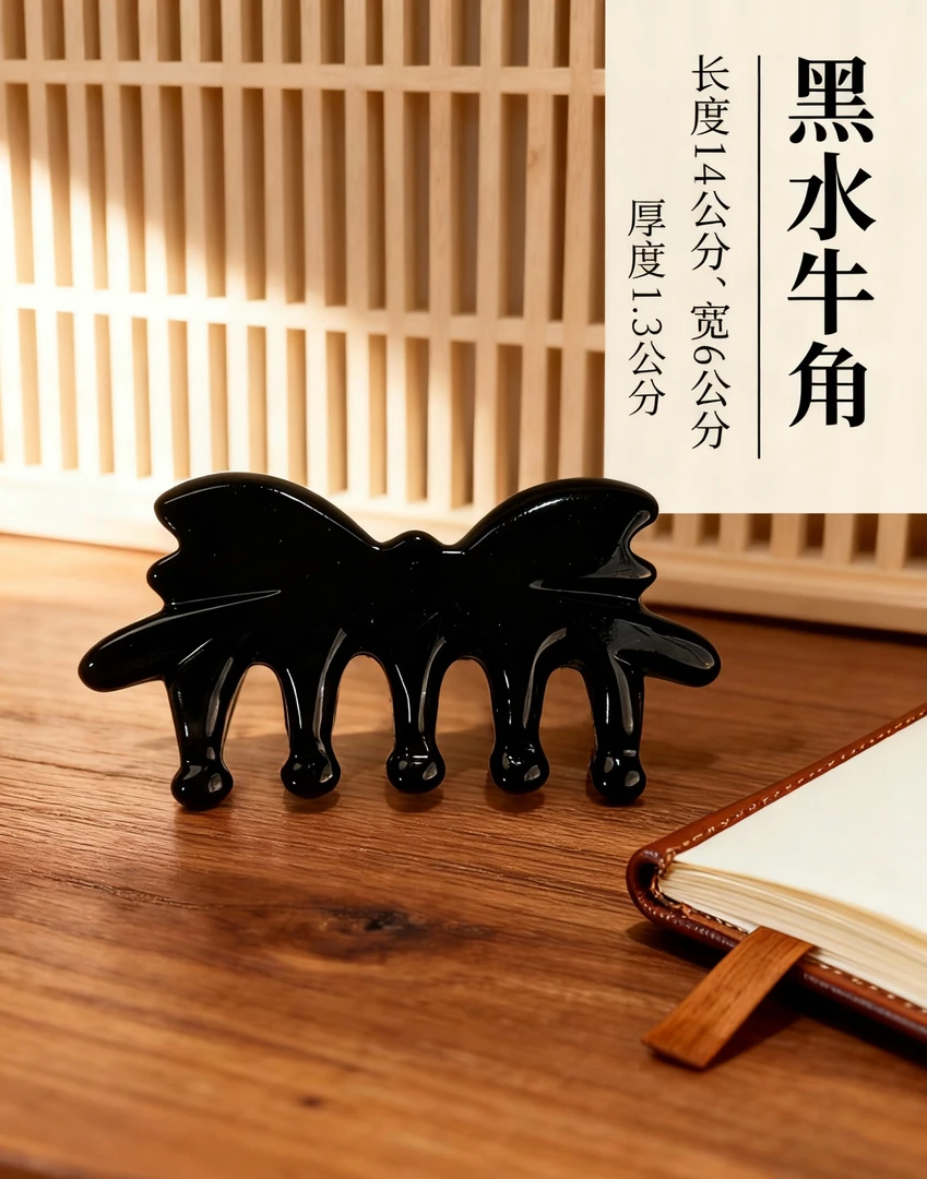 梳信天然黑水牛角蝴蝶按摩梳按摩头部经络刮痧五齿1.3超厚