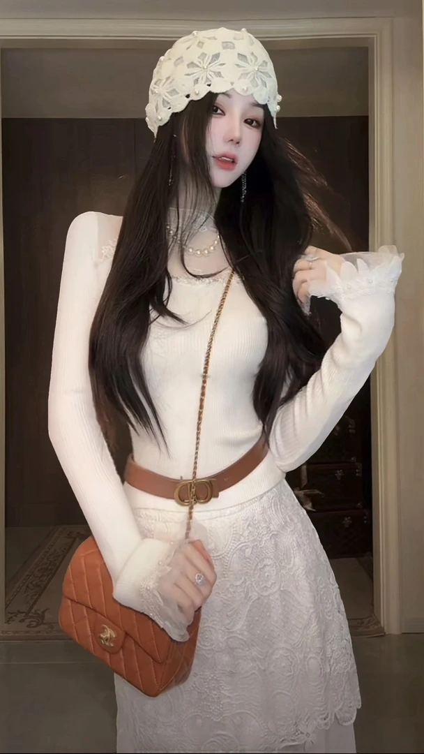 【雅乔定制】娇嗔法蕾 半高领蕾丝网纱含羊毛针织上衣DYLL-25076474