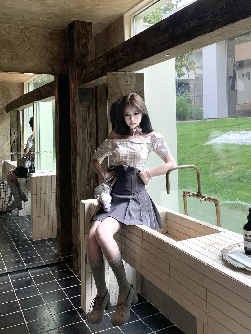 学院爱豆 辣妹纯欲一字肩衬衫收腰显瘦上衣高腰显瘦半身裙百褶裙