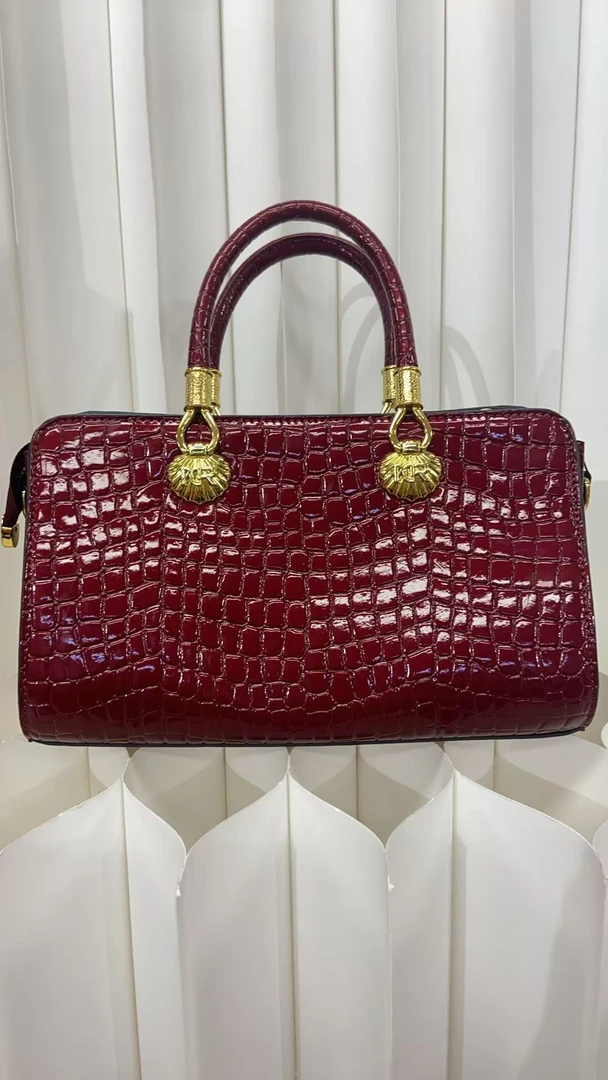 拉链纯色戴妃包压花鳄鱼纹单肩包手拎包肩包酒红色
