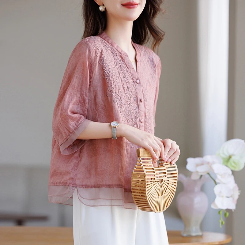 女衬衫七分袖薄款苎麻上衣新款中年妈妈刺绣休闲短款大码复古衬衣