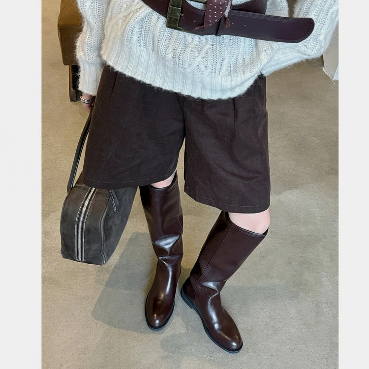 【奢品】慵懒老钱风~真皮圆头平底及膝长靴显瘦显腿直高筒骑士靴女