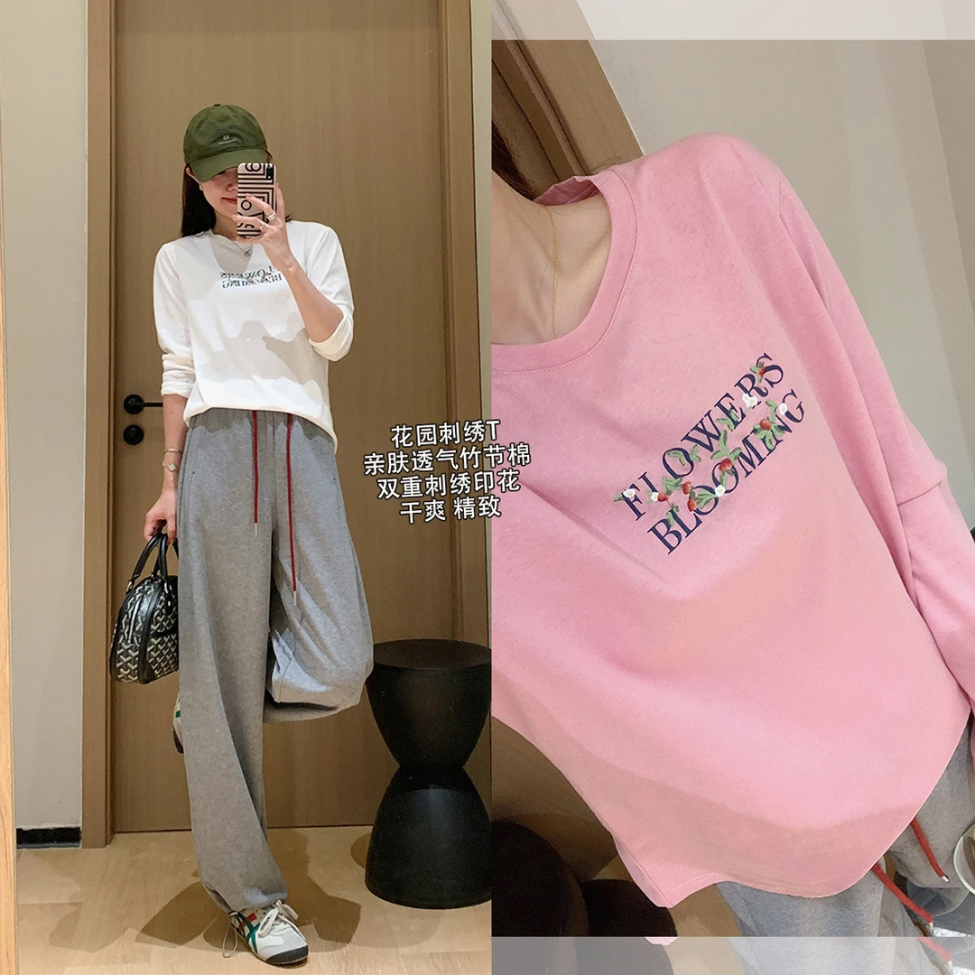 大叮自制【竹节棉】早秋艺术植物字母刺绣印花宽松长袖T恤！S6208
