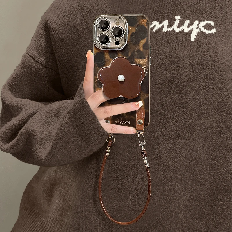 豹纹小花支架适用苹果17vivo华为oppo小米iPhone精孔冰川纹手机壳