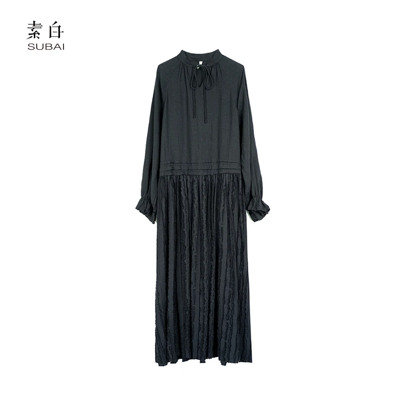 素白【弥野】新款亚麻高级感拼接剪花长袖长裙连衣裙SB2407LQ00005