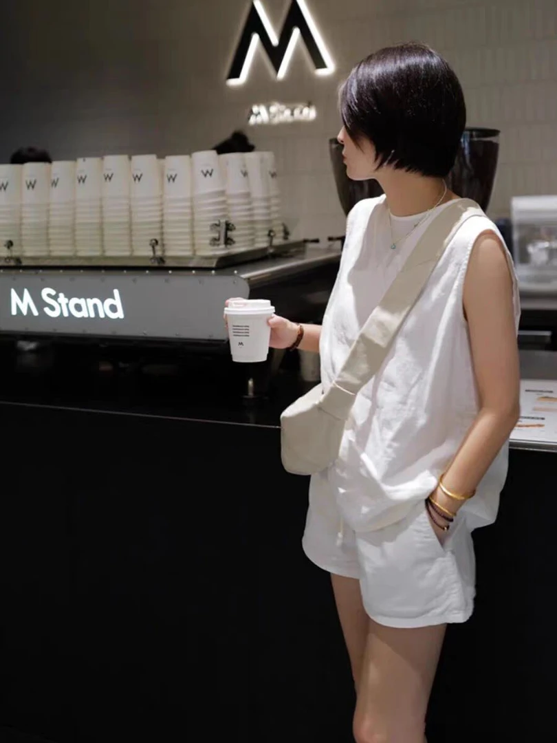 坎肩背心女夏季气质休闲宽松百搭圆领无袖上衣松紧腰系带短裤套装