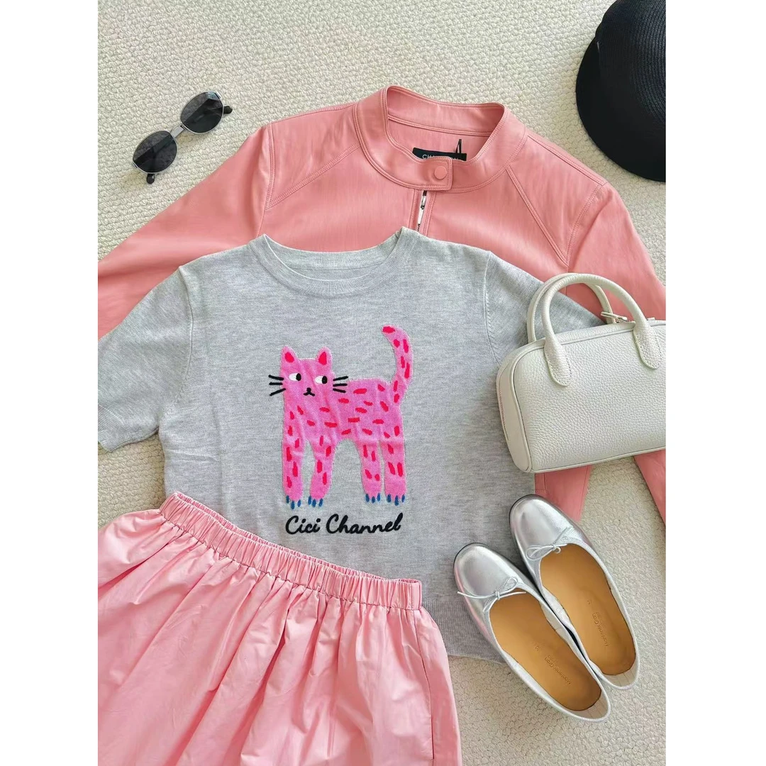 【蜜爷家】大码卡通猫咪冰丝针织t恤35350#