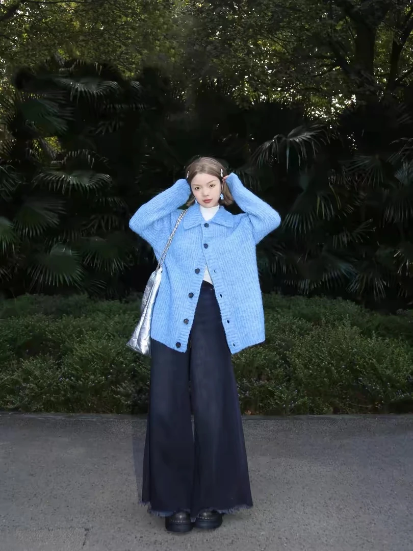 美式慵懒风蓝色毛衣开衫2024秋冬新款软糯针织开衫外套上衣