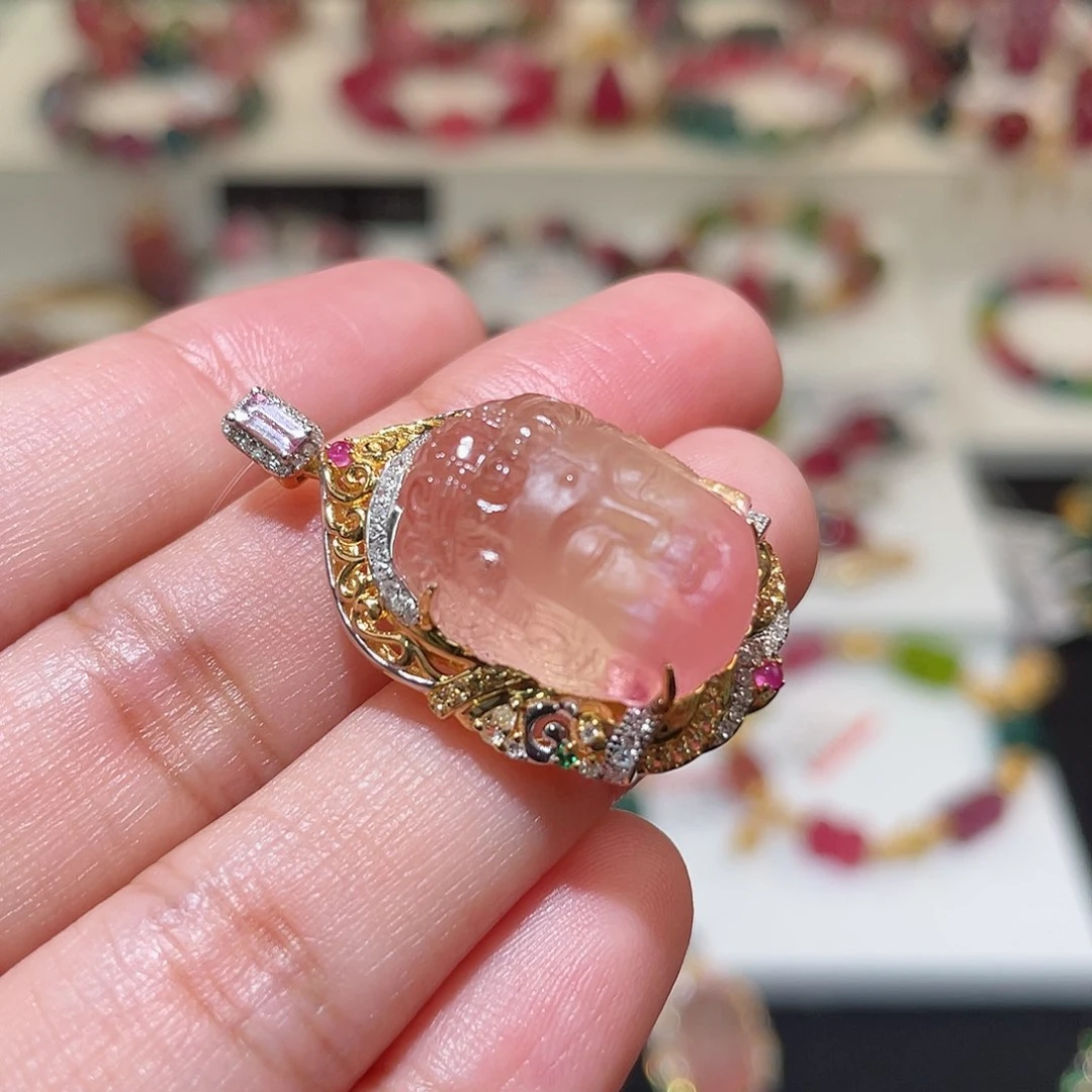 碧玺吊坠(不含链)18K金镶嵌 粉橙渐变 佛首