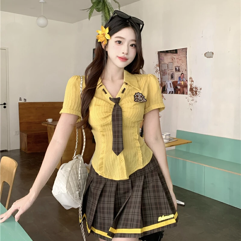 大码胖MM美式甜心学院风领带短袖衬衫上衣女夏季a字百褶短裙套装