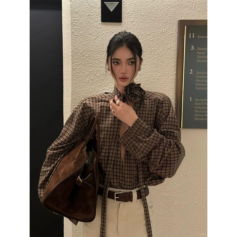 2025秋季新款气质高级感复古飘带格子衬衫上衣女时尚高腰半身裙
