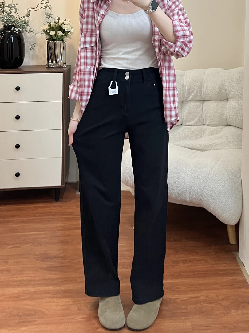 黑色窄版直筒牛仔裤女秋季新款胖mm显瘦梨形身材宽松遮肉阔腿裤子