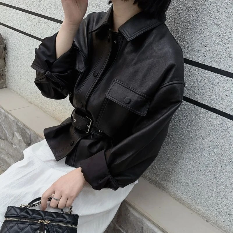 986韩系复古甜酷风黑色收腰皮衣外套小众高级感气质炸街夹克上衣