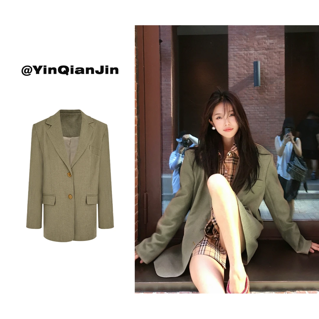 瑶子【典藏巴黎】复古古着感灰绿色小众西装外套 版型正！W240535