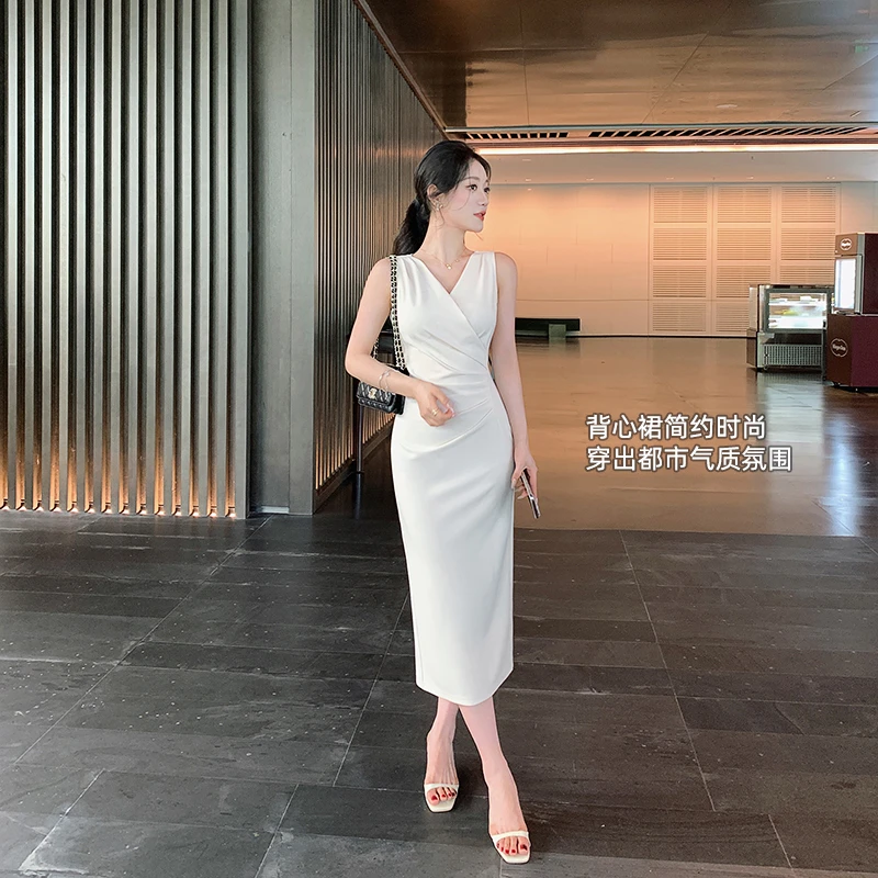 林关关【无名雅调】优雅气质褶皱收腰连衣裙夏季无袖背心包臀长裙