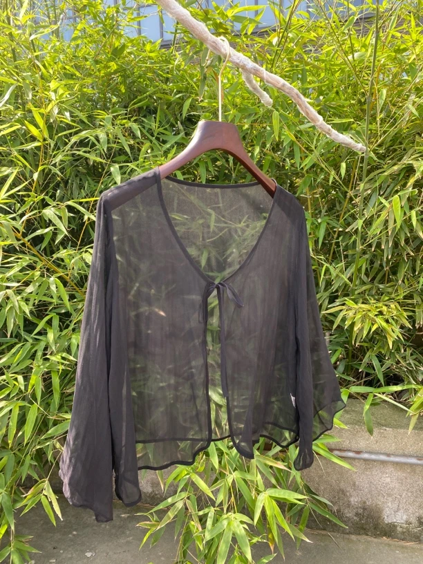 桑蚕丝短款直下摆系带薄款收口袖短外套乔其纱复古女装打底外披14