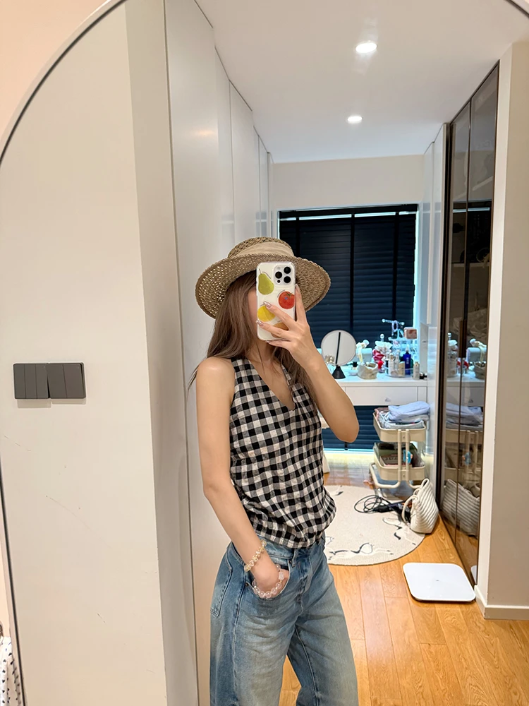 【五月欧尼】黑白格子挂脖吊带006