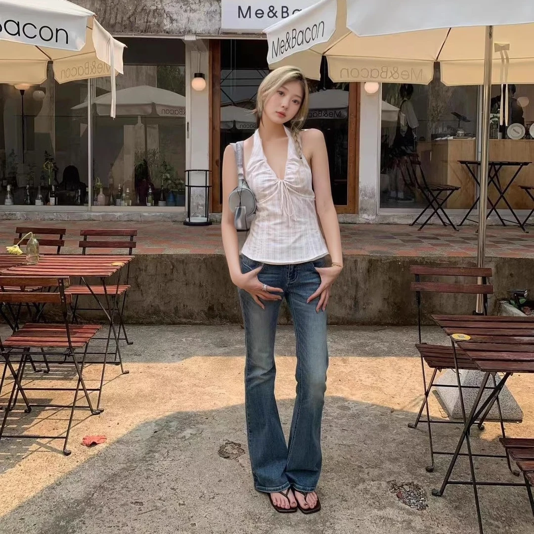 FCYSTUIDOHZJ 粉雾海粉色v领挂脖背心女夏季新款美背无袖吊带上衣