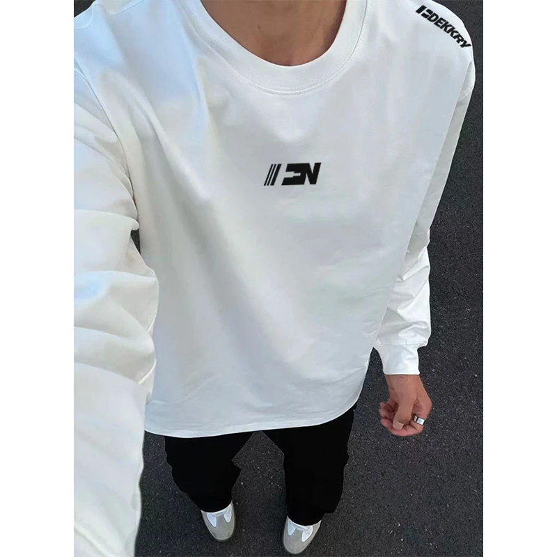 vibe简约字母印花纯棉长袖T恤男秋季潮牌宽松休闲情侣打底衫上衣