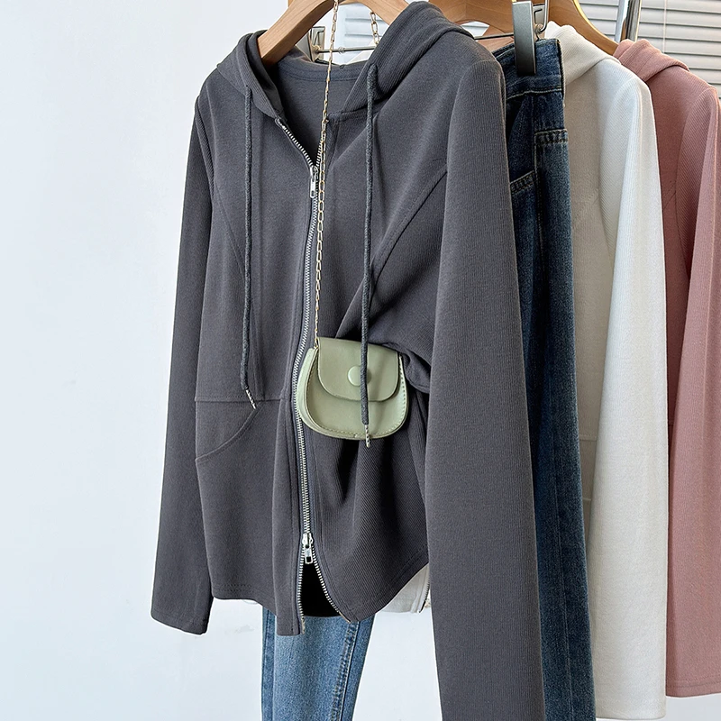 灰色连帽开衫长袖卫衣女秋季大码微胖mm宽松遮肚子双拉链外套上衣