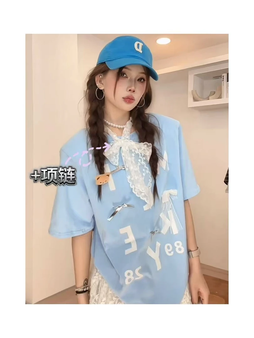 女装2025春夏新款韩版宽松显瘦百搭圆领字母印花短袖T恤女潮+项链