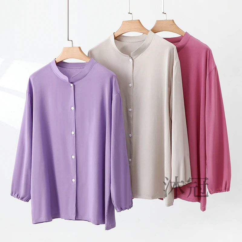 夏季女士棉绸长袖衬衫薄款宽松中老年人造棉立领开衫妈妈防晒上衣