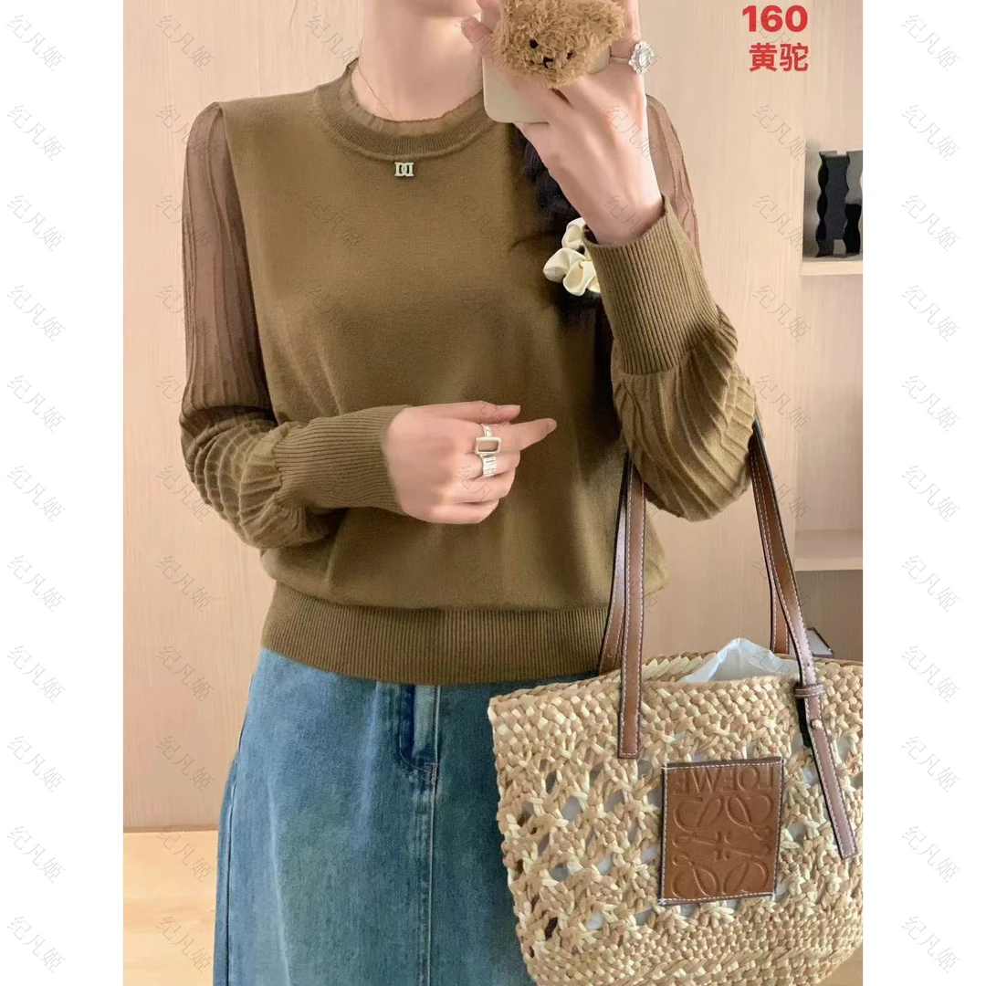 纪凡姬/160-春季新款圆领针织长袖洋气蕾丝打底针织衫
