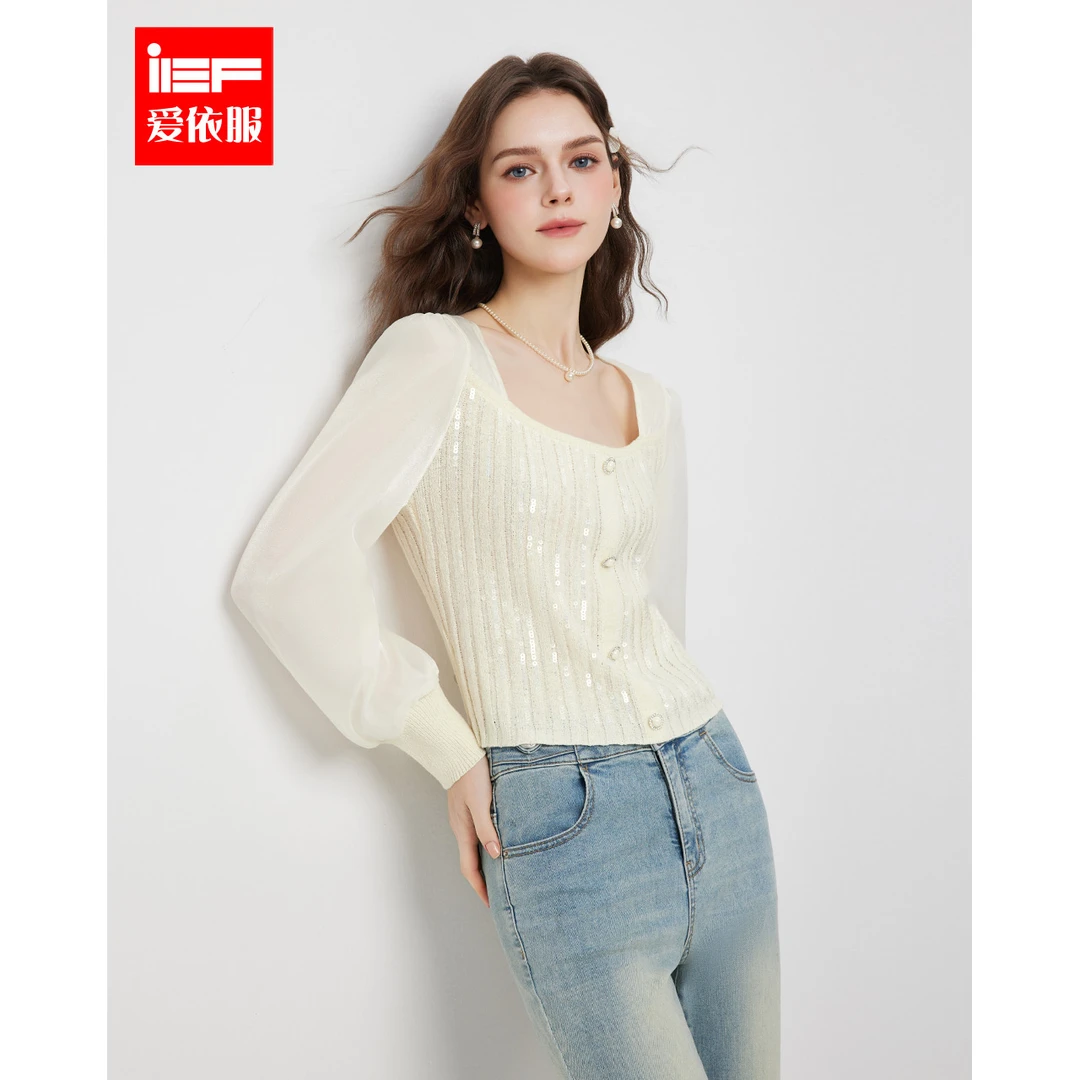 IEF/爱依服2025春季新款法式名媛风修身收腰显瘦百搭时尚毛织上衣