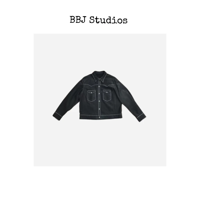 BBJ Studios｜秋冬水洗做旧复古牛皮刺绣翻领夹克皮衣23251