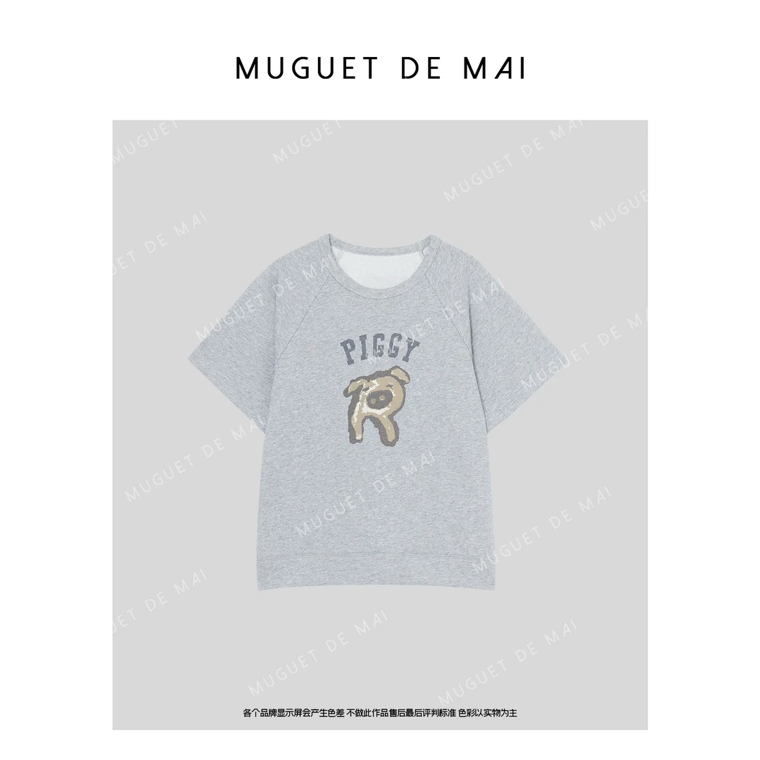 【MGDM】夏季新款卡通小猪印花字母上衣宽松百搭薄款凉感短袖t恤