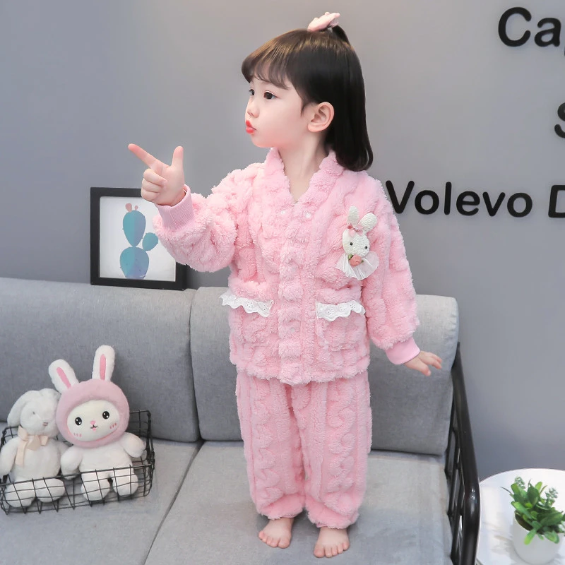 女童睡衣秋冬季保暖法兰绒儿童珊瑚绒公主小童女孩家居服开衫套装