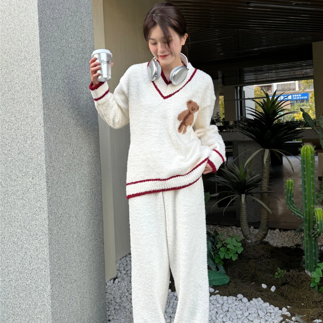 【妍凯琳】白鹿同款半边绒睡衣女秋冬保暖软绵绵学院风宽松家居服