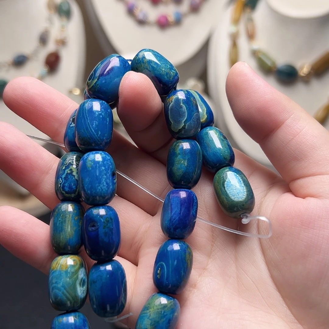 玛瑙/玉髓合金珠宝半成品W353，12.7*17.7mm地球玛瑙桶珠一条