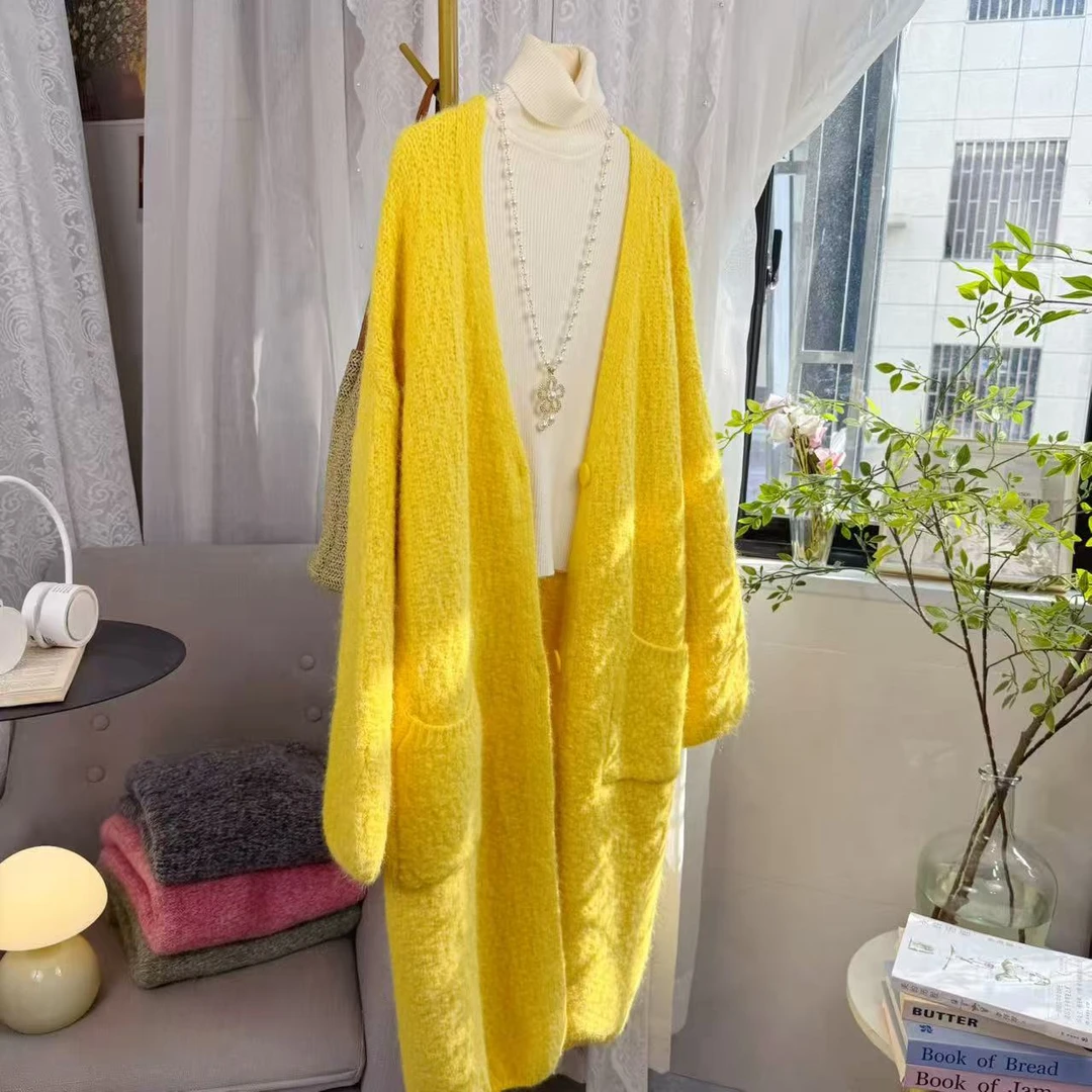 韩版时尚简约高级感长款针织开衫女秋洋气宽松慵懒风毛衣外套A687