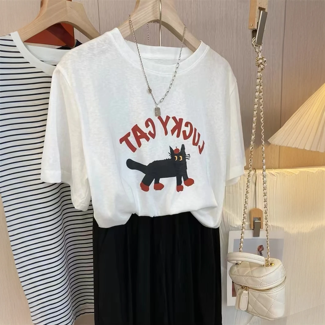 轻薄透气雪花棉t恤女夏宽松短袖正肩圆领卡通猫咪印花上衣体恤衫